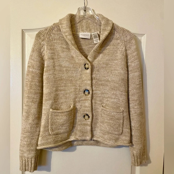 Liz Claiborne Oatmeal Beige Cardigan Size S Petite Buttons Pockets Mock Neck - Picture 4 of 8